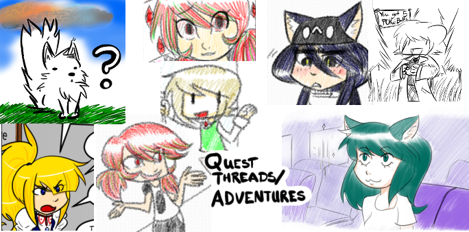 collage of various scenes from quest threads and adventures, with the text 
    Quest Threads / Adventures