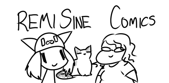 A picture of Remi, Lilly the Cat, and Sine, with the words RemiSine Comics at the top.